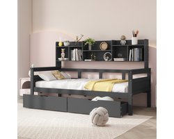 Slaapbank 90x200, lades en planken, lattenbodem, kinderbed, jeugdbed, eenpersoonsbed, massief houten bed, grijs