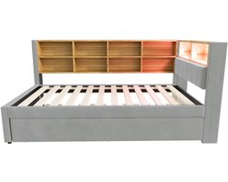 Slaapbank 90x200 Zonder Matras Polstebed Grijs Flanel Uitschuifbaar Multifunctioneel Met LED Verlichting Stopcontacten En Veel Opbergruimte Geschikt Voor Logeerkamer En Kleine Ruimtes