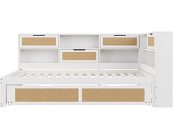 Slaapbank 90x200 Zonder Matras Wit Massief Hout Uitschuifbaar Met Veel Opbergruimte En Oplaadpoort Geschikt Voor Logeerkamer En Kleine Ruimtes