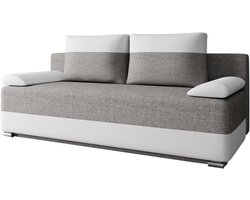 Slaapbank ATLANTA – 3-zits – Uitklapbaar tot tweepersoonsbed – Sofa Set - Met Opbergruimte en Binnenvering – Geweven stof en kunstleer – Grijs + Wit