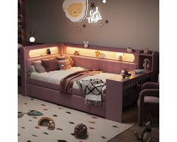 Slaapbank Bed 90x200 cm - Met LED Verlichting USB Poort Uitschuifbed Bureau Roze