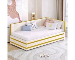Slaapbank – Bedbank – Bankbed – Logeerbed – Slaapfauteuil – Gestoffeerd – 90x200 cm – Stevige Lattenbodem – Beige/Grijs