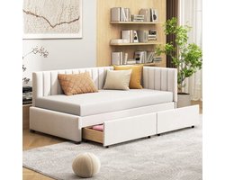 Slaapbank – Bedbank – Logeerbed – Bankbed – Bedbank met Opbergruimte – 90x200 cm – Met 2 Grote Laden en Slatframe – Beige Stoffering – Comfortabele Kussens – Ruimtebesparend Design