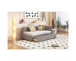 Slaapbank – Bedbank – Logeerbed – Sofa Bed – Slaapbank Met Opbergruimte – 90x200 cm – Fluweel Grijs/Beige – 2 Ruime Laden – Lattenbodem – Eenvoudige Montage