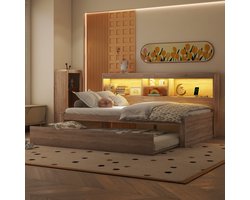 Slaapbank, Chaise Longue, Kinderbed 90*200 cm, met Ledverlichting, Opbergvak Naast het bed, Uitschuifbaar Bed, Stopcontact + USB, Matras niet Inbegrepen-Natuurlijk
