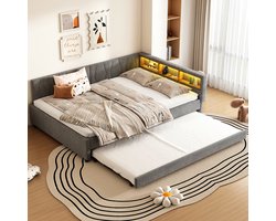 Slaapbank, Dagbed 140*200 cm, Opbergvak naast het Bed, USB+Type C, met Led-lichtstrip, Bed met Uitschuifbaar Bed, Bed met Lattenbodem (Zonder Matras)-Grey