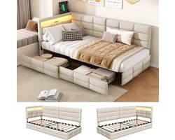 Slaapbank dagbed 90x200 cm met LED-verlichting en USB-Oplader, Gestoffeerd bed Eenpersoonsbed met 2 Opbergladen en Lattenbodem, Geschikt voor tieners en volwassenen, Beige Linnen(Zonder Matras)