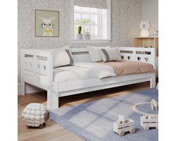 Slaapbank - Daybed - uitschuifbaar bed - 90x190cm - massief grenen - met tweede bed en rolluikrooster - wit - Zonder matras