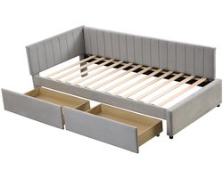 Slaapbank Gestoffeerd bed 90x200cm Zonder matras Met 2 opbergladen op wieltjes Klassiek gestreept rugleuningontwerp Huidvriendelijke zachte fluwelen bekleding Grijs