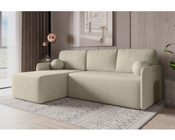 Slaapbank Hoekbank Bloom Beige – Moderne Uitklapbare Hoekbank met Slaapfunctie – Logeerbed 198x123 cm – Stoffen Hoekbank met Kussens – Met Opbergruimte – Voor Woonkamer, Studio of Logeerkamer – Industriële Stijl