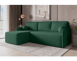 Slaapbank Hoekbank Bloom Groen – Moderne Uitklapbare Hoekbank met Slaapfunctie – Logeerbed 198x123 cm – Stoffen Hoekbank met Kussens – Met Opbergruimte – Voor Woonkamer, Studio of Logeerkamer – Industriële Stijl