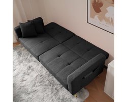 Slaapbank Industrialhome DreamLuxe™ – Luxe lamswollen 2-zits bankbed met verstelbare rugleuning, bedfunctie, gouden poten & zijvakken – Donkergrijs – Comfortabele moderne sofa met opbergruimte – Voor woonkamer, logeerkamer & kantoor