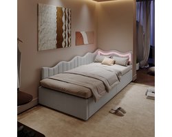 Slaapbank / Kinderbed 90x200 cm – Wit Teddy Stof – Gasveer Opbergsysteem – Hoofdbord met Ingebouwde LED 7-Kleuren Lichtstrip – Moderne Multifunctionele Bedbank