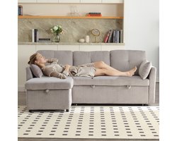 Slaapbank - L-vorm - Modulair met Opbergruimte - met Uittrekbaar Bed - Textiel - Lichtgrijs