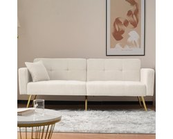 Slaapbank LuxeLamb Arctic White – 2-Zits Bank met Bedfunctie, Verstelbare Rugleuning, Gouden Poten & Zijvakken – Comfortabele Lamswollen Stoffen Slaapbank met Kussens – Medahomestore