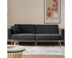 Slaapbank Medahomestore WoolLuxe – Luxe 2-Zitsbank met Bedfunctie & Verstelbare Rugleuning – Donkergrijze Lamswollen Stoffen Bank met Gouden Poten, Kussens & Opbergvakken – 175x64x72 cm
