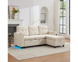 Slaapbank met app‑gestuurde led‑sfeerverlichting - slaapsofa met slaapfunctie - beige - 208 × 89.5 cm - Verborgen opbergvak - USB‑ en Type‑C‑oplaadpoorten