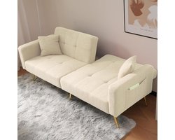 Slaapbank met Bedfunctie 175 x 64 x 72 cm – Verstelbare Hoek, Luxe Beige Lamswollen Stof, Gouden Poten, Inclusief Kussens en Zijdelingse Opbergvakken – Pauwhome