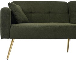Slaapbank met Bedfunctie 175x64x72 cm – Verstelbare Rugleuning 105°-180° – 2-Zits Bankbed met Opbergvakken & Gouden Poten – Sherpa Stof groen – Pauwhom