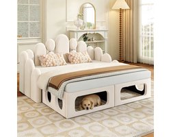 Slaapbank met huisdierbed – multifunctionele slaapbank van 180 × 200 cm – slaapbank met fluwelen bekleding – beige gestreept onderstel en rugleuning