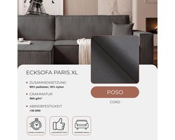 Slaapbank met Opbergruimte en Slaapfunctie 276x145x79 cm L-vorm Corduroy Hoekbank 3-Zits met Bedlade en Ottomaan – Modern en Comfortabel – Poso 34 – Laura