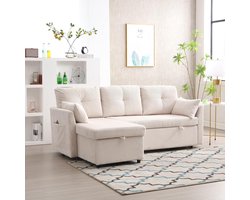 Slaapbank met Opbergruimte & Uittrekbaar Bed – Medahomestore Luxe L-Vormige Hoekbank met Verwisselbare Chaise Longue – Comfortabele Bankbed in Beige – Multifunctioneel Bankstel met Opbergvak, Ergonomisch Design & Premium Fleece Stof – Ideaal voor Wo