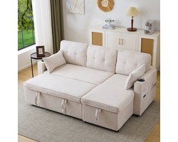Slaapbank met Slaapfunctie, 3-Zits Bank, L-vormige Bank, Modern Design, Gestoffeerde Meubels, Bank, Fauteuil met Opbergruimte, met Bekerhouder, Slaapbank voor de Woonkamer, Links en Rechts Verwisselbaar-Beige