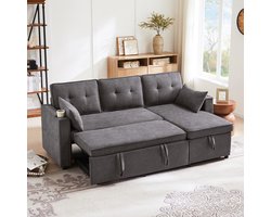 Slaapbank met Slaapfunctie, 3-Zits Bank, L-vormige Bank, Modern Design, Gestoffeerde Meubels, Bank, Fauteuil met Opbergruimte, met Bekerhouder, Slaapbank voor de Woonkamer, Links en Rechts Verwisselbaar-Grijs