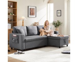 Slaapbank met slaapfunctie - L-vormige bank - chaise longue met opbergruimte - met vakkenopslag - donkergrijs