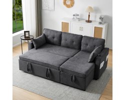 Slaapbank met slaapfunctie, L-vormige bank, modern design, gestoffeerd meubilair, sofa, loungestoel met opbergruimte, met bekerhouder, slaapbank voor in de woonkamer, links en rechts, grijs verwisselbaar
