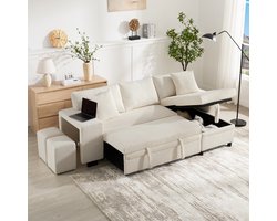 Slaapbank met Slaapfunctie, L-vormige Hoekbank met USB-oplaadpoort en Kussens, 3-zits Slaapbank met Zijplanken en Opbergruimte