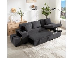 Slaapbank met Slaapfunctie, L-vormige Hoekbank met USB-oplaadpoort en Kussens, 3-zits Slaapbank met Zijplanken en Opbergruimte - Grijs