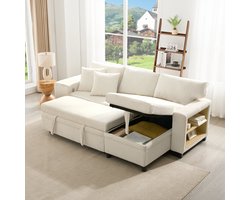 Slaapbank met Slaapfunctie, L-vormige Hoekbank met USB-oplaadpoort en Kussens, L-Bank, 3-Zitsbank, Moderne Hoekbank, 3-zits Slaapbank met Zijplanken en Opbergruimte-Beige