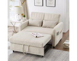 Slaapbank met slaapfunctie - tweepersoons inklapbare bank - uittrekbaar - rugleuning in drie posities verstelbaar - beige