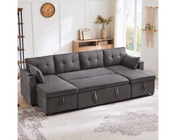 Slaapbank met Slaapfunctie, U-Bank, 4-Zits Bank, U-vormige Bank, Gestoffeerde Bank, Katoen en Linnen, met Bekerhouders, Opbergruimte, Geschikt voor Gezinnen, Woonkamer etc.-Grijs