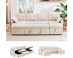 Slaapbank met slaapfunctie - U-vormige bank met bekerhouder - stoffen bank met opbergruimte - beige