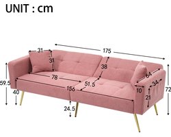 Slaapbank met slaapfunctie - verstelbare hoeken - gouden poten - met kussen en zijopbergvak - roze