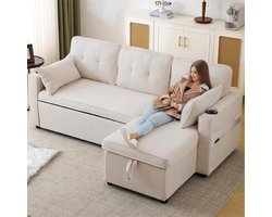 Slaapbank met slaaptfunctie - L-vormige bank - moderne bank - loungestoel met opbergruimte - met bekerhouder - beige