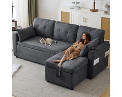 Slaapbank met slaaptfunctie - L-vormige bank - moderne bank - loungestoel met opbergruimte - met bekerhouder - grijs