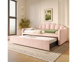 Slaapbank met uitschuifbaar bed - zonder matras - fluweel - in kleur verwisselbare LED-strip - 90x200cm (180x200cm) - roze