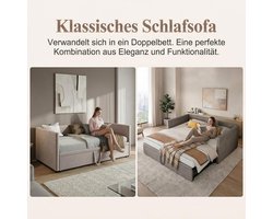 Slaapbank met Uitschuifbaar Gastenbed 90/180x200 cm – 2-Persoons Dagbed met Lattenbodem en Rugleuning – Fluwelen Gestoffeerd Bedbank voor Kleine Ruimtes en Logeerkamer – Grijs – Furnitureland