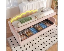 Slaapbank, slaapbank, hydraulisch bed, met opbergruimte, eenpersoonsbed (zonder matras), fluweel, LED-strip met kleurwisseling, 90x200cm, roze