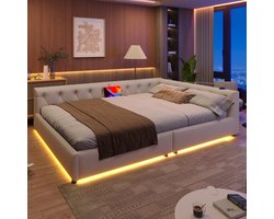 Slaapbank, slaapbank, slaapbank, 140x200cm, slaapbank met lattenbodem (zonder matras), sfeerverlichting met afstandsbediening, hoofdbord met knopen, USB + type-C, linnen, beige