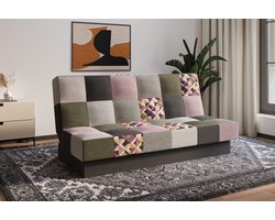 Slaapbank, sofa met slaapfunctie en opbergruimte, moderne bank, 3-zits, Slaapbank - Cyprus patchwork - Roze + Olijf - Bragi 28/34/77/91/16 + M102