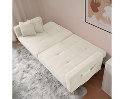 Slaapbank VelvetLuxe van Medahomestore – Luxe 2-zits slaapbank met verstelbare rugleuning, bedfunctie, lamswollen bekleding, gouden poten, kussens & zijvakken – Modern design – Wit – Comfortabel & ruimtebesparend