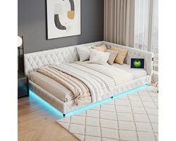 Slaapbanken 140x200 cm, woonkamer slaapbank, slaapkamer Zacht Tas bed, met vlak noedelframe, slimme LED-verlichting, Metalen voeten, USB Type-C-aansluiting, beig