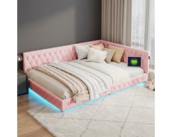 Slaapbanken 140x200 cm, woonkamer slaapbank, slaapkamer Zacht Tas bed, met vlak noedelframe, slimme LED-verlichting, Metalen voeten, USB Type-C-aansluiting, roze
