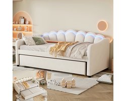 Slaapbanken 90x200 cm (Binnenafmetingen uitschuifbed: 90 x 190 cm) met uitschuifbaar bed, slaapbank, eenpersoonsbed, fluweel, kleurveranderende sfeerverlichting, afstandsbediening, minimalistische stijl, beige(Zonder matras)