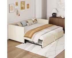 Slaapbanken 90x200 cm - Ligbed - eenpersoonsbed - met uitschuifbaar bed - Fluwelen armleuningen - Drie verstelbare standen - Metalen frame - Lattenbodem - Moderne stijl - Beige