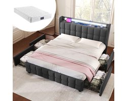 Slaapbed 160x200 cm - Pocketveringmatras 7-zones 720 veren - 4 opberglades - USB/stroomaansluitingen - Verstelbare LED-verlichting - Stevig metalen frame - Beige/grijs